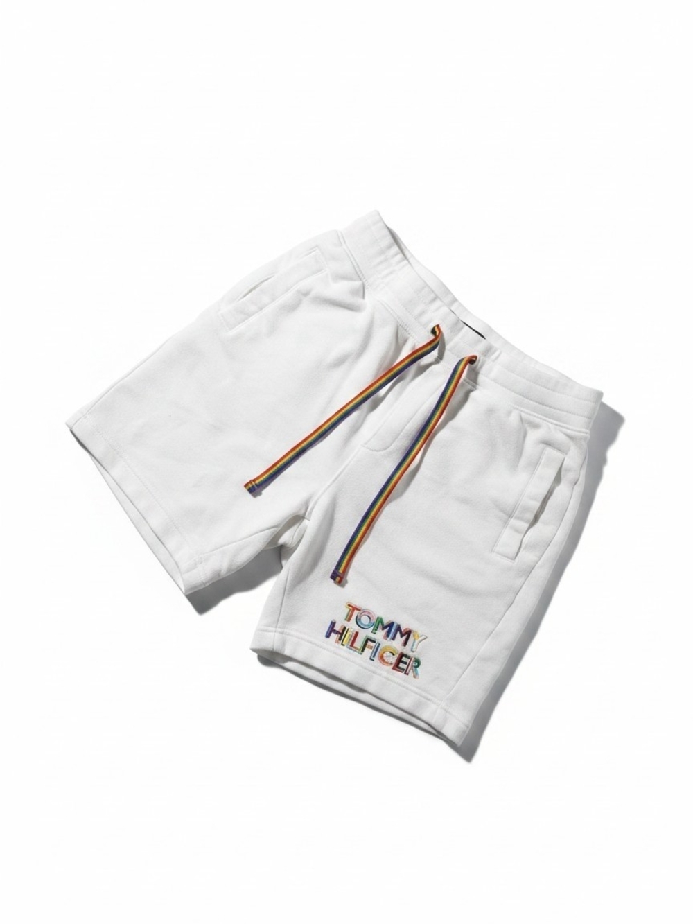 Tommy Hilfiger Women SP Pride Rainbow Sweat Shorts White Cozy and Soft